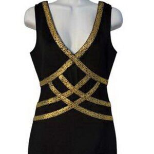 Black Gold Illusion Mesh Cut Out Rhinestone Minidress